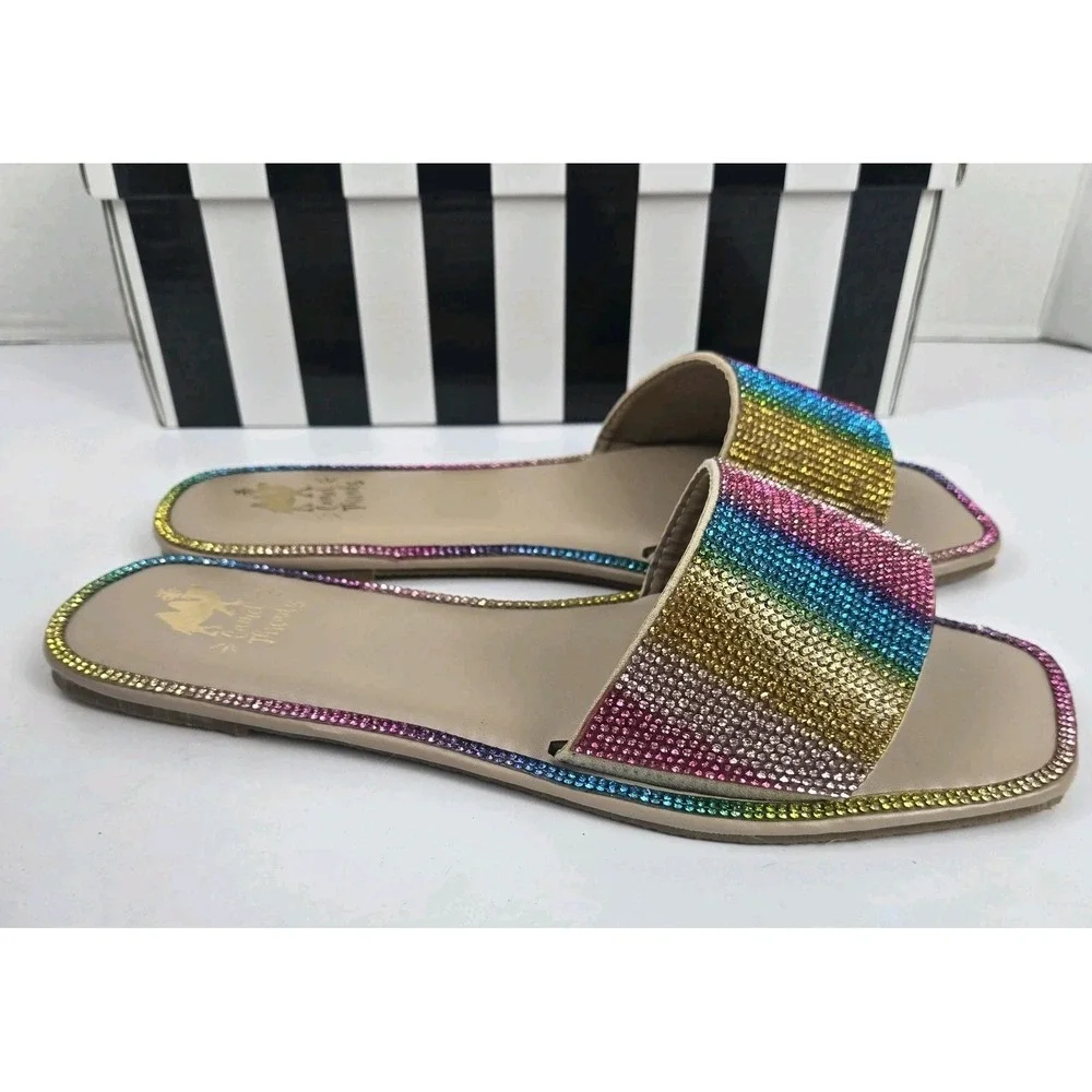 Camel Threads XO Cosmo Striped Rhinestone Slides Open Toe Flats Womens 9 NIB $48
